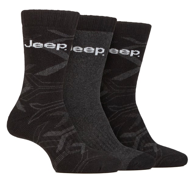 Introducing jeep cotton boot socks, a pack of three pairs of high-quality men's boot socks perfect for outdoor activities, work, or casual wear. Crafted with care, these socks are knitted using an eco-friendly blend of recycled cotton and polyester fibers, ensuring both comfort and sustainability. The terry looped pile lining extends from cuff to toe, providing warmth and protection against shocks and impacts. The smooth toe seams minimize pressure and rubbing on the toes. With woven-in elasticated arch support bands, these socks stay securely in place while offering gentle arch support. Each pack includes two patterned pairs and one plain pair with contrast details on the cuff, heel, and toe. Experience the softness, breathability, and medium thickness of these machine-washable socks that are also helping to reduce waste. Enjoy ultimate comfort and style with Jeep Camo Cotton Boot Socks on your feet!