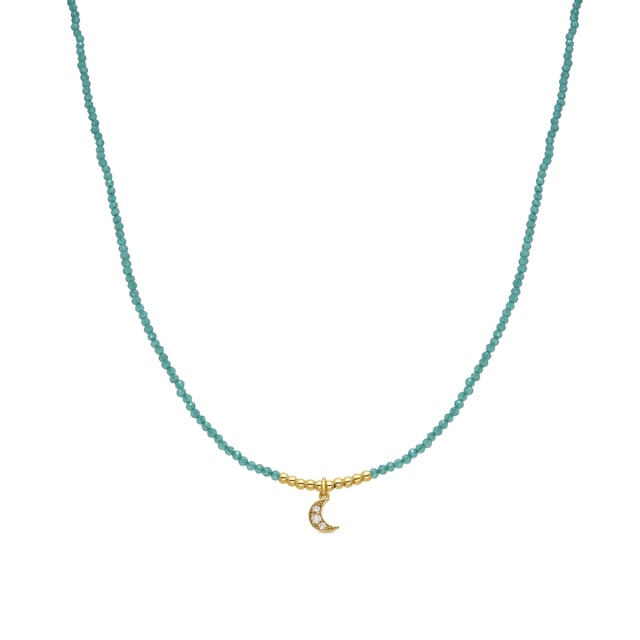 Collar Luna cierre de Plata de Ley 925, abalorios de metal y Cristal Verde acabado en oro amarillo de 18k. Pide un deseo se caracteriza por diseños de carácter joven, repletos de significado y color, originales a la vez que discretos, que pretenden convertirse en pequeños amuletos.