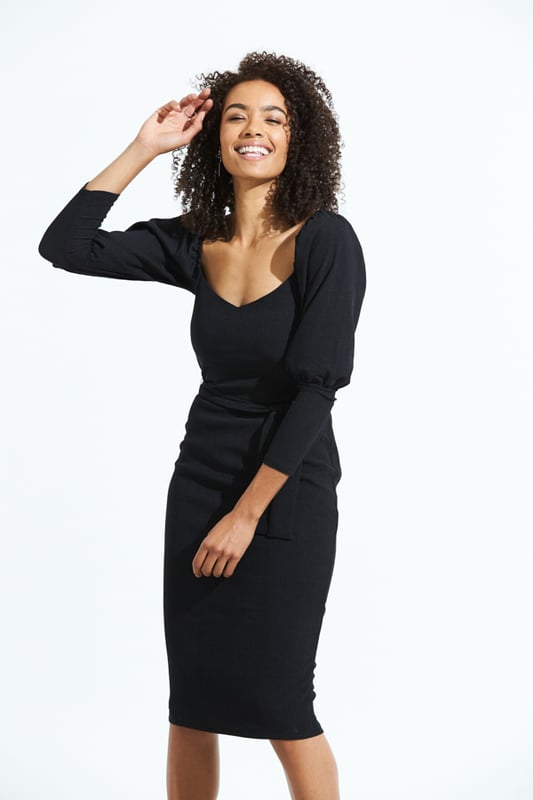 Black Textured Jersey Sweetheart Neckline Tie Waist Dress