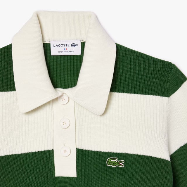 Gestreepte Lacoste French Made Polo Dress voor dames- Biologisch katoen- Geribbelde polokraag- Effen knopenlijst- 3 gumknopen- Geborduurde krokodil op borst- 100% Katoen.  Machinewasbaar - Ref: EF6919-X0N