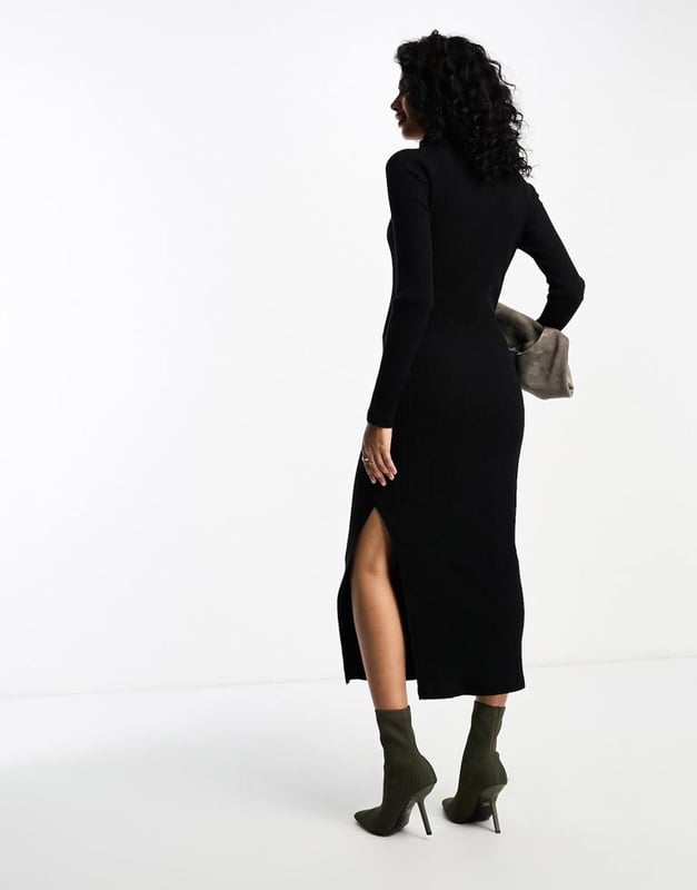 ASOS DESIGN supersoft rib long sleeve fitted midi dress with choker detail  in black