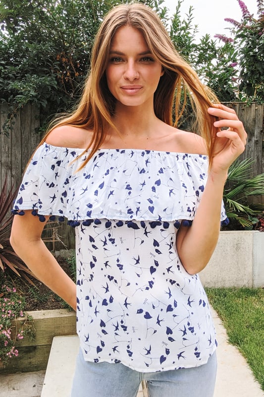 Navy and white bardot top discount