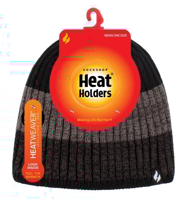 Are you looking for a thick and warm hat to keep your head warm on those chilly nights? Then look no further! We have the perfect hat for you. The Heat Holders Men’s Striped Hat is the perfect way to keep your head warm this winter! This hat is made with Heatweaver Technology which helps keep your head as warm as possible, So even when it's freezing outside, you can be sure that this hat will keep your head nice and toasty. The thick chunky ribbed design adds a fashionable touch to this already stylish thermal hat. They also include a great striped pattern as well, a great style that will go with all kinds of winter outfits! The high performance thermal yarn maximises the warm air and keeps it close to your body so you can stay warm even in very low temperatures. The thick and warm design is soft and comfortable, so you can wear it all day long without feeling any discomfort. No matter what you get up to during winter these hats are an essential addition to your Winter collection! These fashionable hats are made from: Outer: 100% Acrylic, Lining: 100% Polyester and are Men’s One Size fits all. They come in 3 classic colours - Black, Charcoal & Navy and are Machine Washable.