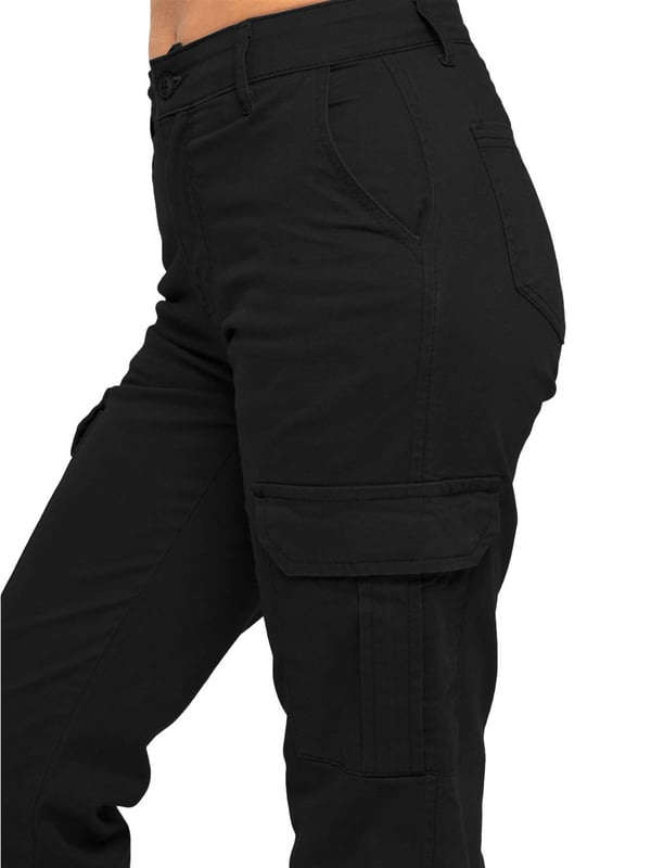 Enzo Women's Stretch Cargo Denim Jeans feature a straight-leg, regular fit design. They come with 2 front slash pockets, 2 side cargo pockets secured with Velcro fastening, and 2 back pockets for added convenience. The jeans have a zip fly closure and are perfect for both casual wear and workwear.