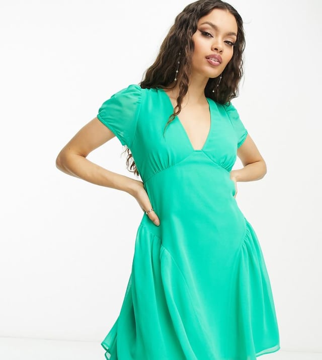 ASOS DESIGN Petite short sleeve v-neck chiffon mini dress in emerald green