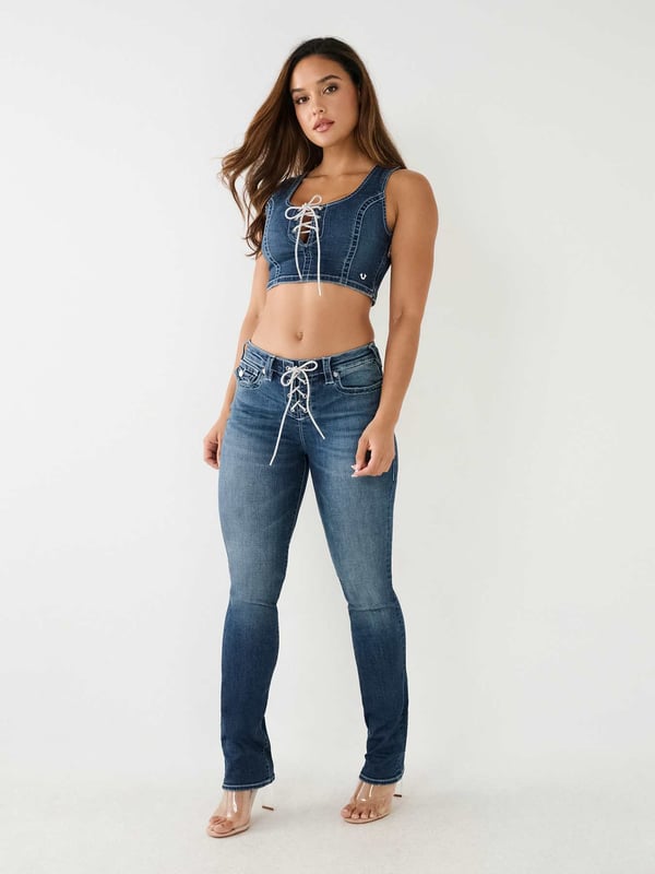 Our signature and stylish Billie gets an upgrade with a stunning front crystal lace-up closure. Our Billie Straight Jean is the perfect fit for everything. This mid rise women's straight jean features subtle fading, clean hardware, and white stitching. Finished with 1/2" horseshoe detailing along the back pockets. 