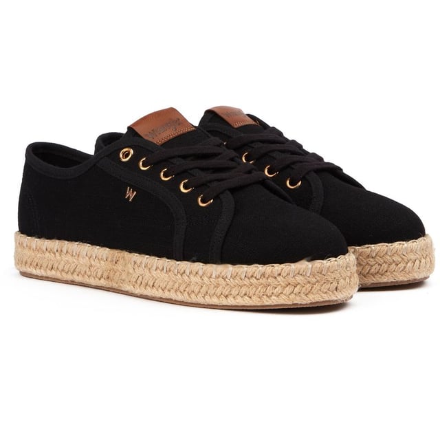 Womens black Wrangler jane shoes, manufactured with textile and a rubber & rope sole. Featuring: gold hardware, wrangler branding, rope edge sole and branded insole.