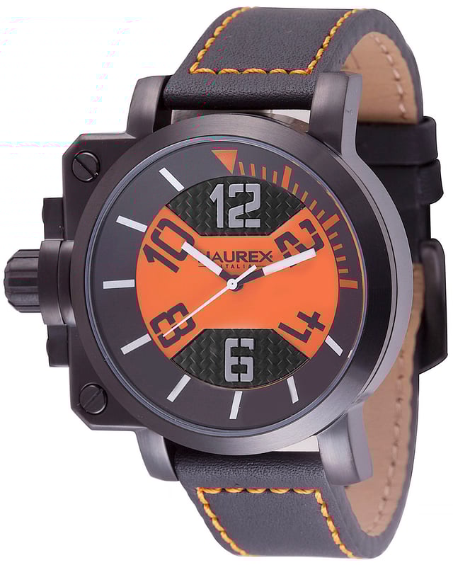 Haurex italy:gun men's watch, ipb case, black/orange dial, black with orange leather strap