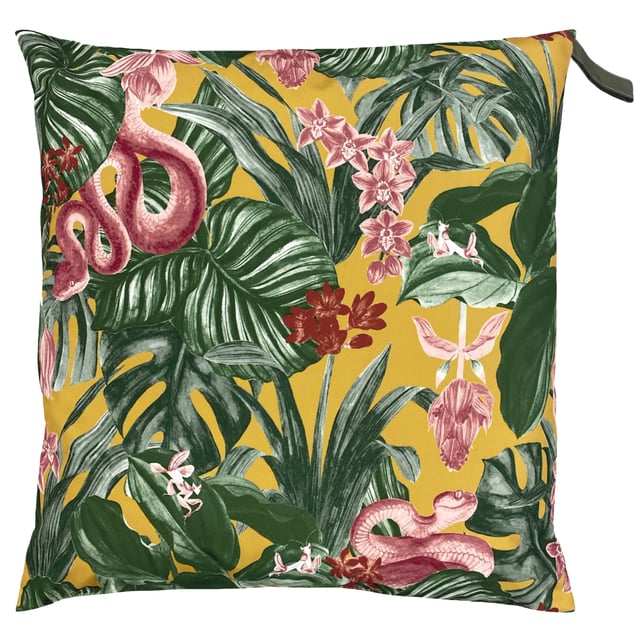 Get lost amongst the tropical floral jungle with the Medinilla outdoor cushion. Delve deep amongst the tropical foliage to discover an exotic array of snakes hiding in their natural habitat. The perfect addition to your garden!