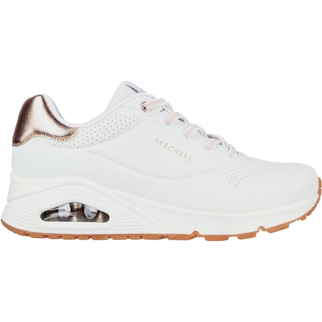 Slip-on a classic style in comfort wearing Skechers Street Uno - Shimmer Away. This fashion sneaker features a synthetic durabuck upper with a metallic trim, stretch laces, Skechers Air-Cooled Memory Foam insole and Skech-Air visible airbag midsole.