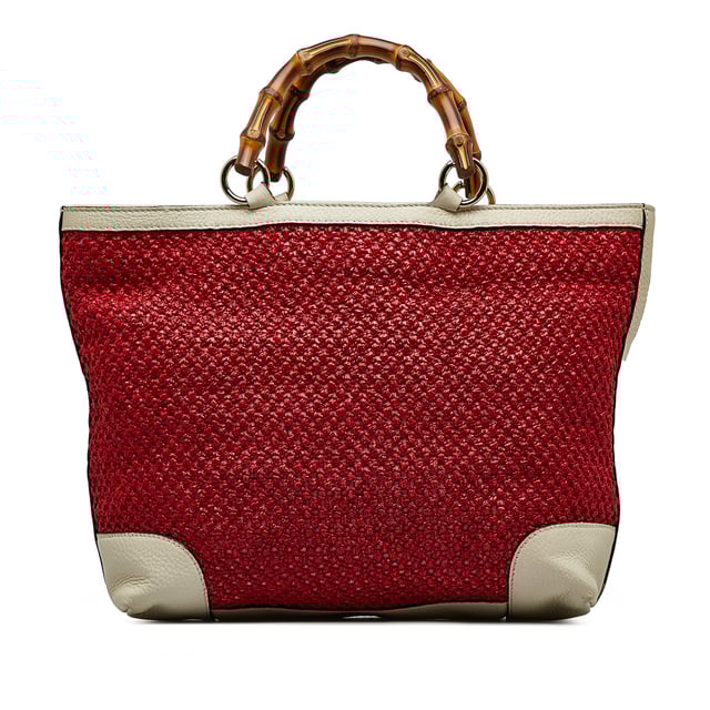 Vintage Gucci Medium Raffia Bamboo Shopper Tote Red