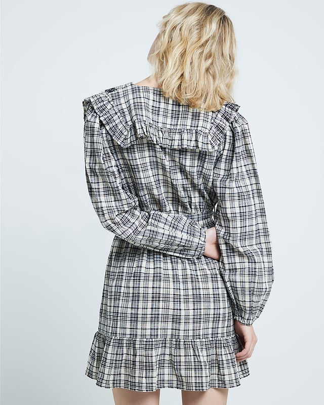 Oversized Collar, Check print, V-neck, Tie front, Long sleeves, Button fastening, Mini length