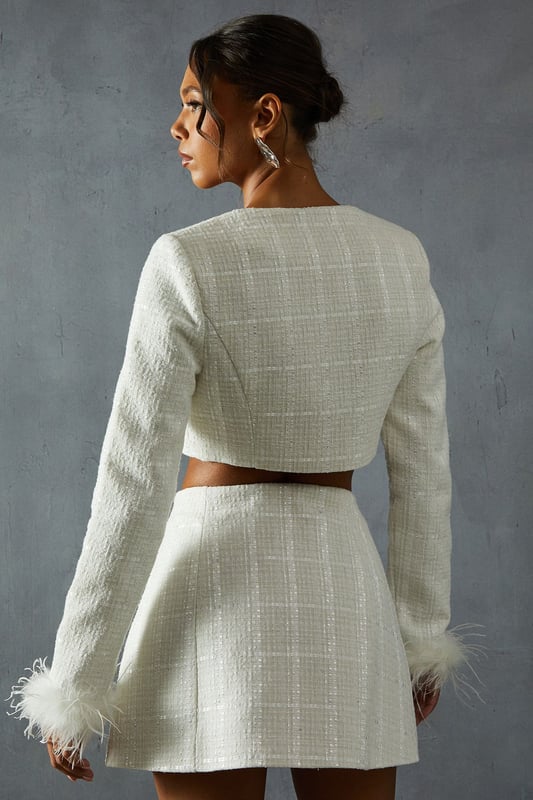 Boucle Feather Trim Cropped Jacket