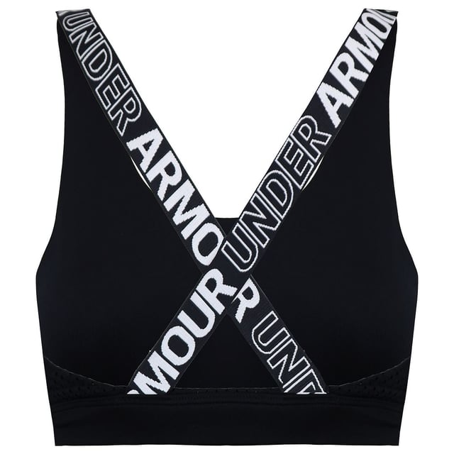 The Under Armour HeatGear Women's Black Sports Bra is a practical and comfortable choice for women's athletic and sports apparel. Here's a description of the key features:

 Black Design:  This sports bra comes in a classic black color, offering a versatile and sleek look that's easy to pair with a variety of workout tops and activewear.

 HeatGear Technology:  Under Armour's HeatGear technology is known for its moisture-wicking properties, keeping you cool and dry during workouts by wicking away sweat and moisture from your skin.

 Medium Impact Support:  Sports bras are often designed with different levels of support. The HeatGear sports bra typically offers medium-impact support, suitable for a range of activities such as weightlifting, cycling, or moderate-intensity workouts.

 Compression Fit:  This sports bra features a compression fit, which provides secure support by minimizing bounce and movement during physical activities.

 Breathable Material:  The sports bra is typically made from breathable materials, allowing for proper air circulation to keep you cool and comfortable during exercise.

 Racerback Design:  Many sports bras, including this one, have a racerback design, which provides greater freedom of movement for your arms and shoulders.

 Elastic Band:  The sports bra often includes an elastic band at the bottom, ensuring a secure and comfortable fit around your ribcage.

 Removable Pads:  Some sports bras come with removable pads, allowing you to customize your level of support and coverage.
