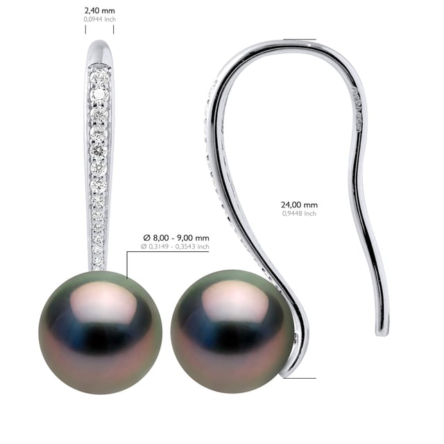Ohrringe, echte TAHITI-Zuchtperlen, rund, 8–9 mm, mit kubischen Zirkonia – Verschluss-Clip, Silber 925, rhodiniert – Lieferung mit Echtheitszertifikat und internationaler Garantie – HERGESTELLT IN FRANKREICH –