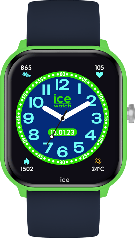This Ice Watch Ice Smart Junior 2.0 - Green - Blue Digital Watch for Boys is the perfect timepiece to wear or to gift. It's Green  Rectangular case combined with the comfortable Blue Silicone watch band will ensure you enjoy this stunning timepiece without any compromise. Operated by a high quality Quartz movement and water resistant to 5 bars, your watch will keep ticking. Kids can wear the same watch as mum or dad with the ICE smart junior 2.0! This connected watch, perfecy in sync with trends and DNA of the Ice-Watch brand, will really impress children aged between 6 and 12. This Digital watch has a Calendar function: Day-Date , Bluetooth , Stop Watch , Timer , Heart rate monitor and Alarm High quality 20 cm length and 21 mm width Blue Silicone strap with a Buckle Case measurement: 35 X 41 mm,case thickness: 11 mm, case colour: Green and dial colour: Multicolour