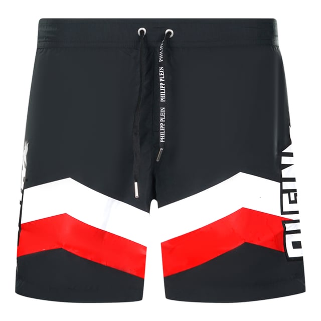 Philipp Plein Diag Logo Long Black Swim Shorts. Take to the beach this summer in Philipp Plein's Black Swim Shorts! These stylish shorts, featuring the signature Philipp Plein logo, are sure to make a statement wherever you go. Offering maximum comfort and a flattering fit, you'll look and feel great as you take a splash in style!. Elasticated Waistband, Philipp Plein Black Swim Shorts. Branded Drawstring Fasten. Medium Boardshort Style, 100% Polyester. Product Code - CUPP06M01 99