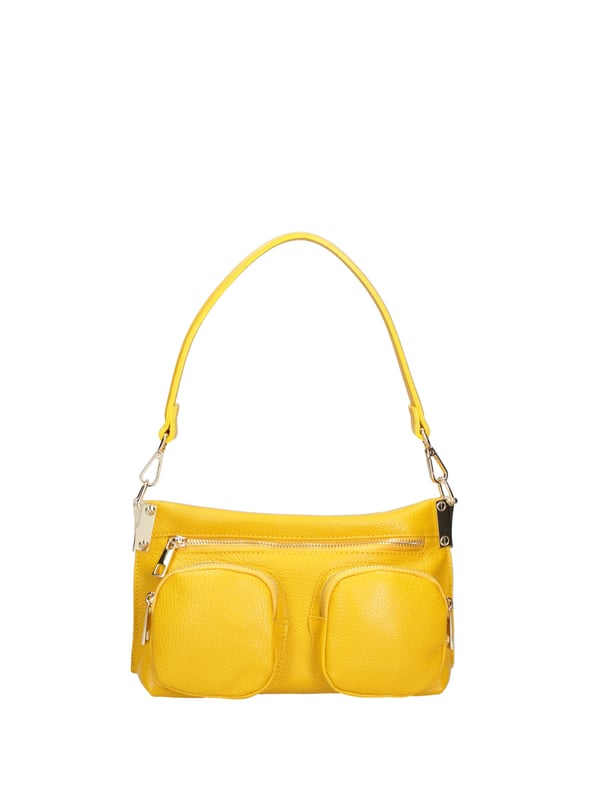 Bolso de hombro para mujeres. El cierre es con zip. Los bolsillos internos son una cremallera. Los bolsillos externos son dos delanteros con cremallera y una trasera con cremallera. La correa del hombro es ajustable y extraíble en cuero. El mango está en cuero. Los compartimentos internos son uno. El material externo es una verdadera piel en dólares. Está alineado internamente en 70% de tela de algodón - 30% de seda. Medidas: 27x14x8 cm. Hecho en Italia
