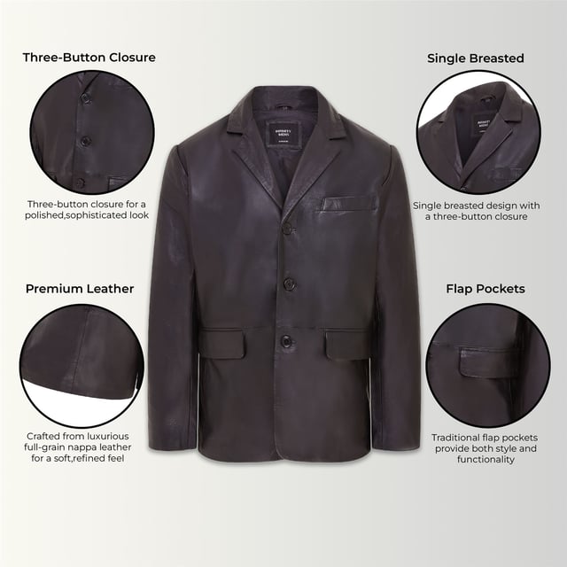 Una gran opción para crear un look sofisticado para ocasiones más formales, esta chaqueta blazer está confeccionada en nuestro cuero napa de grano completo de primera calidad. Con un solo pecho y bolsillos con solapa ubicados en la cintura, esta chaqueta viene con las características tradicionales apreciadas. Esta chaqueta también ha sido diseñada en una silueta delgada como es tradicional para las chaquetas de tres botones de estilo europeo y está ajustada en la cintura para lograr el ajuste perfecto. Cuatro botones en cada puño abierto y una sola abertura en la parte trasera de la chaqueta también se introdujeron para garantizar la comodidad y el ajuste ideal. Para el estilo, nuestra recomendación es seguir la regla de "a veces, siempre, nunca" para abrochar los tres botones para lograr el mejor look. • 100% cuero napa ultra suave de primera calidad • Blazer formal de un solo pecho con tres botones • Cuatro botones en cada puño y una sola abertura en la parte trasera de la chaqueta