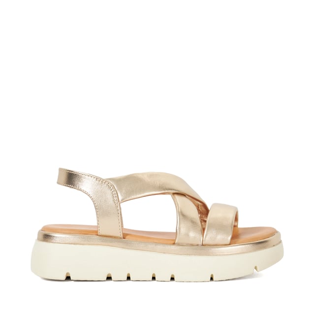 Slide into our effortlessly stylish Lounge sandals. The leather straps cross over the front of the foot, and we love the directional look of the trend-led tractor sole. Complete with a square toe the contrasting leather sole is ultra-smooth and features our bespoke Dune London logo, making this style a covetable choice for any woman's summer sandal collection.