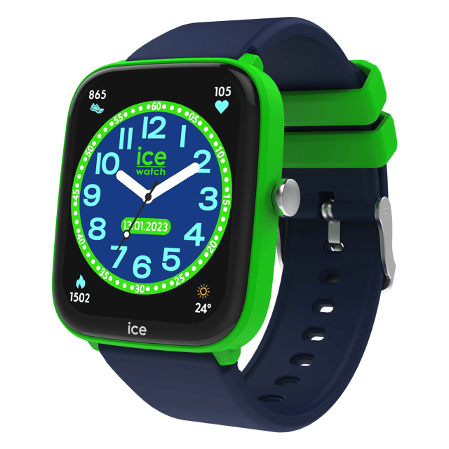 This Ice Watch Ice Smart Junior 2.0 - Green - Blue Digital Watch for Boys is the perfect timepiece to wear or to gift. It's Green  Rectangular case combined with the comfortable Blue Silicone watch band will ensure you enjoy this stunning timepiece without any compromise. Operated by a high quality Quartz movement and water resistant to 5 bars, your watch will keep ticking. Kids can wear the same watch as mum or dad with the ICE smart junior 2.0! This connected watch, perfecy in sync with trends and DNA of the Ice-Watch brand, will really impress children aged between 6 and 12. This Digital watch has a Calendar function: Day-Date , Bluetooth , Stop Watch , Timer , Heart rate monitor and Alarm High quality 20 cm length and 21 mm width Blue Silicone strap with a Buckle Case measurement: 35 X 41 mm,case thickness: 11 mm, case colour: Green and dial colour: Multicolour