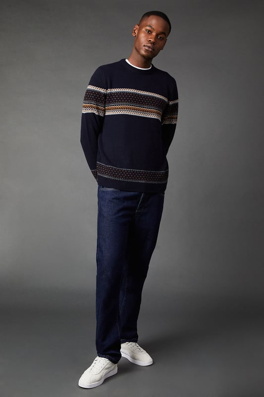 Placement Stripe Pattern Crew Neck Jumper