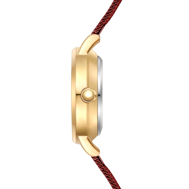 GENERAL INFORMATION:  • Targetgroup: Female  • Wristwatch: No Special Functions  • Display: analogue  • Weight of watch w/o box (gr.) - approx.: 24,0  MOVEMENT:  • Movement: Quartz  • Term of Movement: VC10  • Origin of movement: Japan  BRACELET:  • Material of bracelet/strap: Stainless steel  • Plating of bracelet/strap: Ion-Plating (IP)  • Finishing of bracelet/strap: Smooth  • Finishing/Decoration of bracelet/strap: None  • Clasp/Closure/Buckle: Slide Clasp  • Color of bracelet/strap: bordeaux  • Length of bracelet/strap (mm) approx.: 190,0  • Width of bracelet/strap (mm) approx.: 9,5  • Style/Design of bracelet/strap: Mesh band (Millanaise Style)  • Bracelet/strap adjustable?: No  CASE:  • Shape of case: Round  • Size/Diameter of case in mm . approx.: 24,0  • Height of case in mm: 7,6  • Case material: Metal (Alloy)  • Surface of case: Polished  • Bezel/Topring: Fixed  • Finishing/Decoration of case: None  • Material of case back: Stainless steel  • Lock of case back: No screwed-in crown  • Color of case: Yellowgold  • Coating/Plating (Case): Ion-Plating (IP)  • Type/Form of crystal: Flat  • Material of crystal: Mineral crystal  • Water resistant (ATM): 3  DIAL:  • Size jewelry care cloth: Hour, Minute  • Indices: Line indices  • Material of dial: Brass  • Structure/pattern of dial: Flat  • Color of dial: bordeaux  PUSHER, CROWN, HAND:  • Pusher: None  • Corrector: No  • Crown: No screwed-in crown  • Type of hands: Dauphine hands  • Luminescent (hands): No  PACKAGING & SCOPE OF DELIVERY:  • Box: Yes  • Service booklet: Yes  • Manual: Yes
