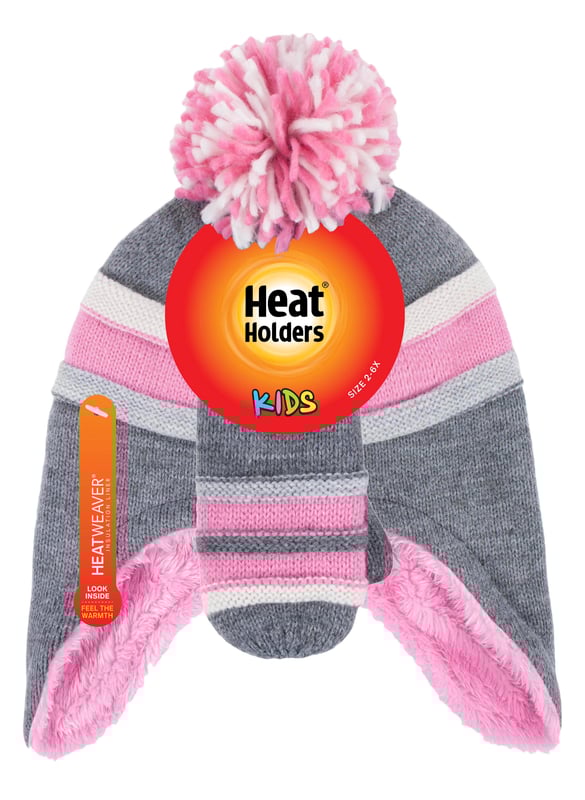 Children love winter, but without the right hat and gloves, they can quickly get too cold to enjoy it! The Heat Holders range of children’s thermal hats, mittens and gloves will keep them warm whatever the weather. With hi-tech HeatWeaver® thermal lining to keep kids warm even in the very coldest conditions, this range of hats and mittens are warm, comfortable, and stylish! For active kids, there are stylish hats and gloves to keep your child's ears warm no matter how long they stay outside! This range of girls hats and mittens features Heatweaver insulation which is a plush fur-like lining that maximises the amount of warm air held close to the skin, keeping your kids heads, ears and hands warmer for longer! Heat Holders are recognised for their incredibly warm use of materials especially, their developed thermal yarn which provides high performance insulation against cold with superior moisture breathing abilities. Crafted with stretchable construction, these hats and mittens contours around the natural shape of your child's head and hands for a better, improved fit. If you're looking to keep your daughter warm with the perfect Winter essentials, these hats and mittens will do just the trick! Featuring striped colours and designs, these matching hats and gloves are lined with soft thermal inner brushed lining that maximises warmth and comfort. The mittens have a long turn over cuff enabling your child to adjust the length of the mitten around your wrist. The flappy ears fit loosely yet comfortably around the ears to retain heat and warmth close to the skin.