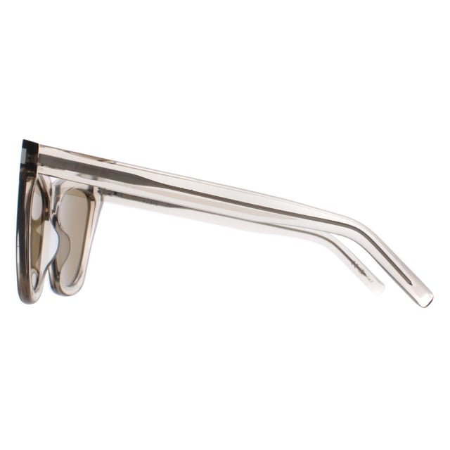 Saint Laurent Cat Eye Womens Transparent Beige Brown SL214 Kate  Sunglasses are a harmonious blend of timeless elegance and Parisian chic. These sunglasses encapsulate the iconic allure of the fashion house with their sleek acetate frame, featuring a slender cat eye silhouette that exudes vintage-inspired charm. Adorned with slim temples and the iconic Saint Laurent logo at the hinges, these sunglasses radiate refined opulence.