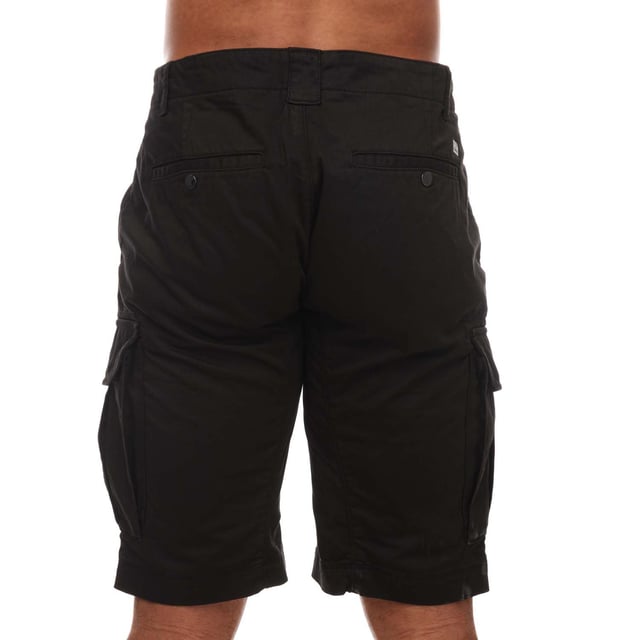 Mens C.P. Company Stretch Sateen Cargo Shorts in black.- Zip fly with button fastening.- Cargo pockets.- Back pockets.- C.P. Company lens logo.- Regular fit.- 98% Cotton  2% Elastane.- Ref: 16CMBE116A999