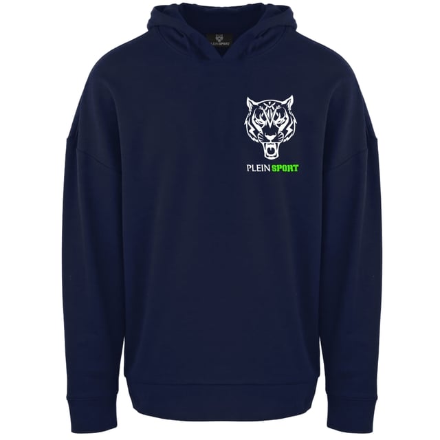 Rev up your athletic style with the Plein Sport Patch Logo Navy Blue Jumper. This sleek hoodie adds instant street cred to your workout look. Stay warm and comfortable while making a statement with the iconic Plein logo. Upgrade your wardrobe and elevate your workouts with this must-have piece! 52% Cotton, 48% Polyester, Sports wear Large Plein Branding On Back, Leather Logo On Hood Slim Fit Style Code: FIPSC1317 85