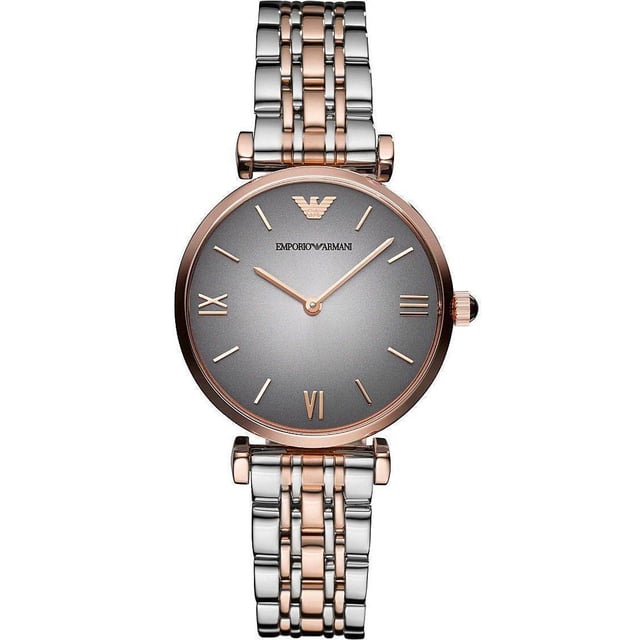 AR1725 Ladies's Emporio Armani classic two-tone designer watch. This watch is complete with a quartz movement and it fastens with a two-tone polished stainless steel and rose-gold bracelet and a grey dial with rose gold slim line hour markers and matching insert hands. EAN 4053858003552
