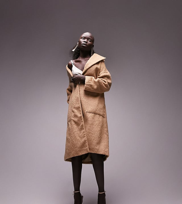 Topshop Petite longline chuck on brushed coat in camel Neutral