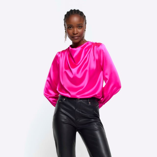 Satin fabric, Button detail, Cowl neckline, Long sleeves, Button fastening