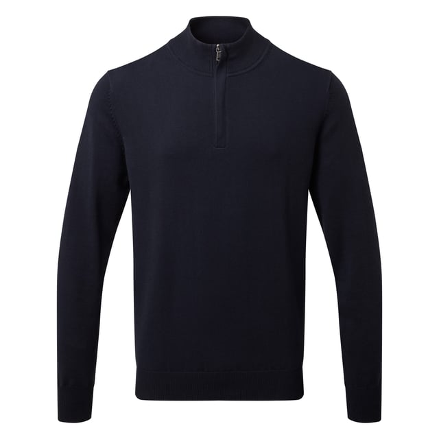 Embrace a modern silhouette with the cotton blend 1/4 zip sweatshirt. Features decorative tuck stitching and a ribbed knit on the cuffs and hem. Sizes (chest to fit): S (37in), M (40in), L (42in), XL (44in), XXL (47in), 3XL (49in). Materials: 87% cotton, 11% nylon, 2% elastane.