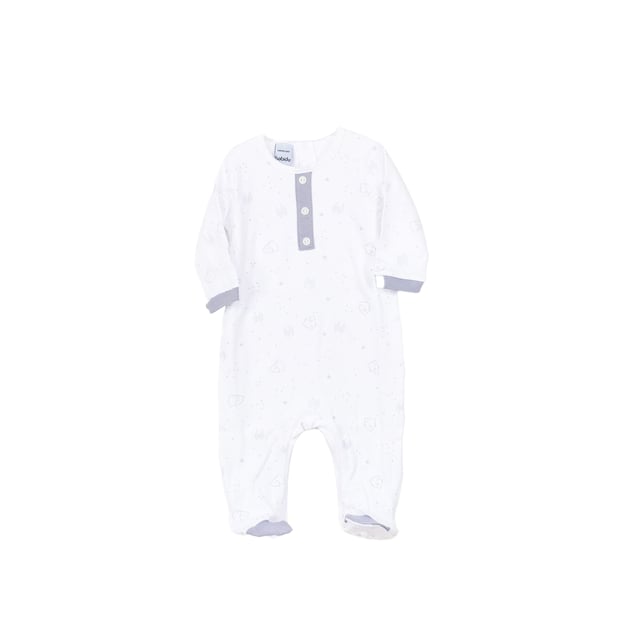 Babidu baby romper.
 White color
 Long-sleeved romper and long pants.
 Round neck with ribbed finish.
 Back closure by buttons.
 Printed on the front.
 Seams seen in tone.

 Composition: 100% Cotton

 Wash at maximum temperature 40º
 -Do not use bleach
 -Support iron
 -Tumble dry low
 Composition: 100% cotton
 Care:
Wash at maximum temperature 40º
 -Do not use bleach
 -Accepts iron
 -Dry at low temperature