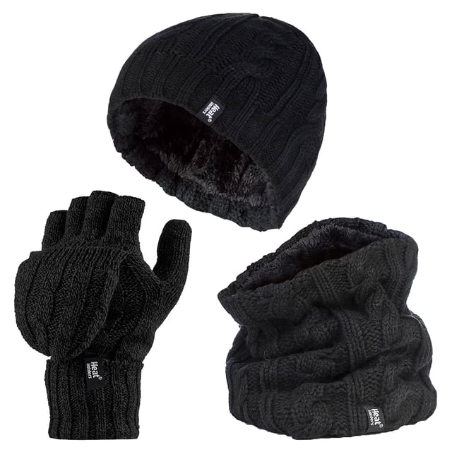 This ladies chunky cable set is knitted in an attractive, soft marl two-coloured twist yarn with a ribbed hem and incorporates the latest Heatweaver thermal lining, a luxurious, plush fur-like insulating fabric, that maximises the amount of warm air held close to the skin. It also feels so soft and silky, They are bliss to pull on when the weather turns colder! Protective Cuff - Improves fit and provides a protective sleeve that hugs the wrist for extra warmth and comfort. Heat Holders Converter Mitt - 2.3 tog Heat Holders' versatile converter mitt can simply fold over the fingers to create a warm and cosy mitten. Heat Holders Hat - 3.4 Tog rating - the tog rating is a measurement for the thermal ability of a garment Neck Warmer - Simply slip over the head with Heatweaver thermal lining, 3.5 tog