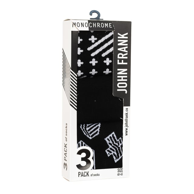 Pack-3 Socks John Frank.
 Anti pressure cuff.
 Perfect adjustment.
 Different prints.
 Reinforced toe and heel.
 One size: from 40 to 45
 Composition: 80% Cotton, 17% Polyamide, 3% Elastane
 Care:
Handwash.
 Do not use bleach.
 Do not use dryer.
 Do not iron.
 Do not dry clean.