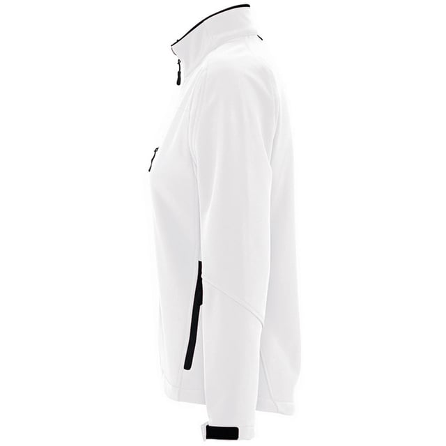 Stretch soft shell fabric has an elastane outer membrane with polyester fleece backing. Mesh lined front body panels. Breathable, windproof and water resistant. Shaped fit with taped neck. Collar high full zip with inner storm flap and chin guard. Two front zip pockets and one right chest zip pocket. Tear release adjustable cuffs. Adjustable drawcord at hem. Drop tail. Access for decoration. Material: 96% polyester/ 4% elastane outer. Ladies size: S(8/10), M(12), L(14), XL(16), XXL(18).