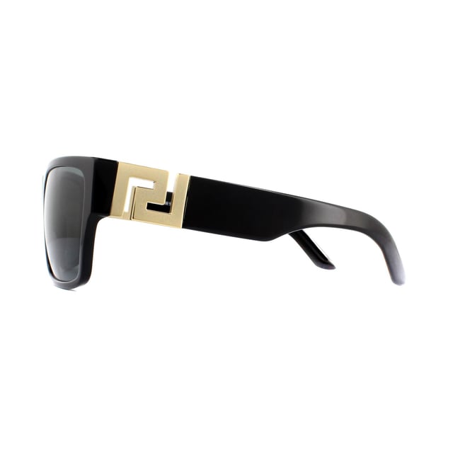 Versace Sunglasses VE4296 GB1/87 Black Grey are a bold square shape that features a sculpted metal Versace Greca logo at the hinges. The large metal logo contrasts perfectly against the acetate frame and creates an edgy look.