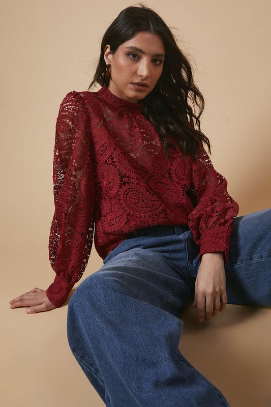 Red lace high neck top online
