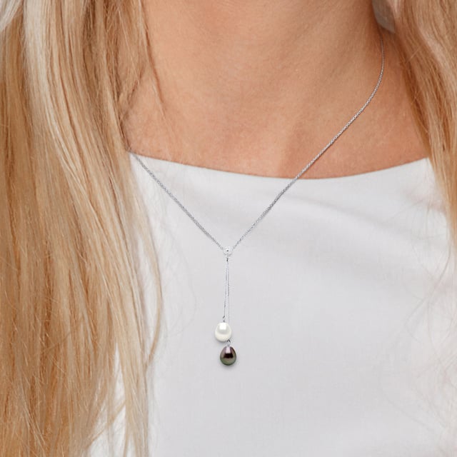 Necklace You & Me Real gekweekte parel TAHITI - Kwaliteit A + - Pearl FRESHWATER - Kwaliteit AAAA + - Peren 7-8 mm - Chain Convict White Gold 375 duizendste - Lengte 42 cm - Wordt geleverd in een koffer met een certificaat van echtheid en een internationale garantie - Al onze juwelen zijn gemaakt in Frankrijk.