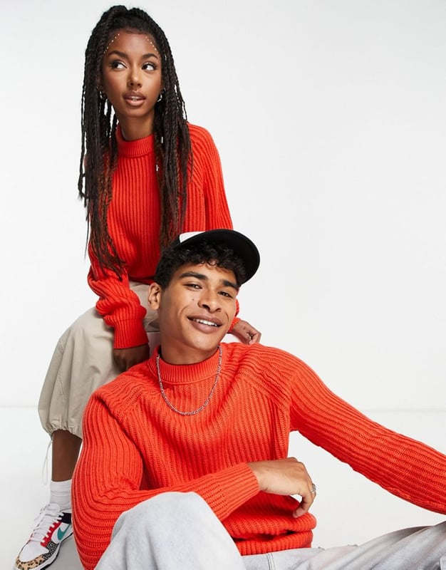 COLLUSION Unisex knitted ribbed jumper with raglan sleeve in red