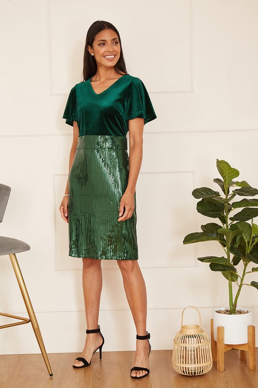 Green Velvet And Sequin Fitted Dress