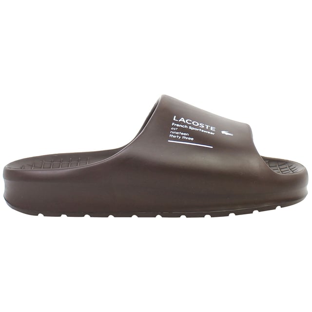 The Lacoste Serve Slide 2.0 223 2 CMA Men's BrownÂ Sliders deliver timeless style and exceptional comfort, making them a versatile option for casual wear, poolside lounging, or beach outings. These sliders feature a sleek design with iconic branding for a polished yet relaxed look.
Â 
Key Features:
Ergonomic Footbed: 

Contoured for superior comfort and support, ideal for extended wear.


Durable Synthetic Strap: 

Embossed with the signature Lacoste crocodile logo, adding a stylish and recognizable touch.


Slip-On Design: 

Easy to wear, offering convenience for relaxed occasions or quick outings.


Textured Rubber Outsole: 

Ensures reliable grip and traction on both wet and dry surfaces.


Lightweight Construction: 

Reduces fatigue, making them perfect for all-day comfort.


Water-Resistant Materials:

Designed to handle pool, beach, or shower environments without compromising durability.


Classic BrownÂ Colorway:Â 

A versatile and timeless design that pairs effortlessly with casual or sporty outfits.


Â 
The Lacoste Serve Slide 2.0 223 2 CMA Men's BrownÂ Sliders are a must-have for laid-back footwear, offering a combination of comfort, durability, and understated style for any relaxed occasion.
Â 
Â 
Â 