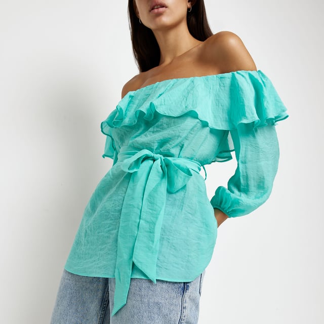 River Island Womens Bardot Top Blue Frill