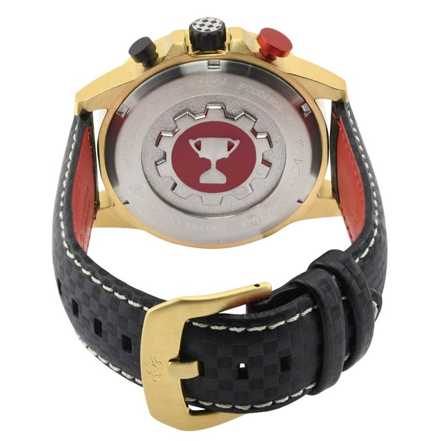 GV2 Scuderia - Chronograph
GV2’s sporting chronograph, Scuderia, is the perfect match for the high-octane performer. Inspired by Italian racing, Scuderia isn’t only fast-paced – its sleek, daring design catches your eye at any speed. A competition-ready crown replete with final lap flag pattern is just the start. The lower sub dial in finish line form seamlessly compliments the markers and tachymeter on the bezel – ideal for computing speeds down to split seconds. Echoing the sub dial, the carbon fiber print strap on genuine Italian leather with stitching is an inspired track detail not to be outshone by the engraved trophy on the back casing that makes Scuderia a winning look. Not only racy, Scuderia is equipped with GV2’s standard performance features: a 45mm round case in anti-reflective sapphire crystal, water resistant up to 100 meters and Swiss quartz multifunction movement that make this timepiece nearly indestructible. Feeling bold? Make moves with the Scuderia Collection. GV2 9922 Men's Scuderia Quartz Multifunction Chrono Watch

GV2 Men's Swiss Quartz Watch from the Scuderia Collection
45mm Round 316L Stainless Steel Case, Multifunction Chronograph-Tachymeter scale, an alarm, an additional time zone
Black Carbon Fiber Dial, Yellow Gold Markers
Second Sub Dial, Date Window at 4 O'clock
Genuine Black Italian Leather Strap with White Stitching with Tang Buckle
Anti-reflective Sapphire Crystal
Water Resistant to 100 Meters/10ATM
Swiss Quartz Multifunction Chrono, Ronda 5130D with Alarm.