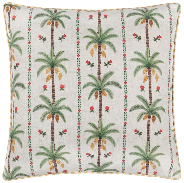 Enhance your living space with the Okara Palm Piped Cushion. Featuring a hand-painted design that juxtaposes delicate florals with bold palm tree motifs, this cushion offers a refined yet relaxed aesthetic. The textured linen-look fabric adds depth and versatility, while the piped trim provides a refined finish. With its intricately patterned reverse, this cushion effortlessly blends modern and tropical inspirations, making it an ideal accent for a variety of interior styles. Perfect for those who appreciate the beauty of nature and the charm of thoughtful design.