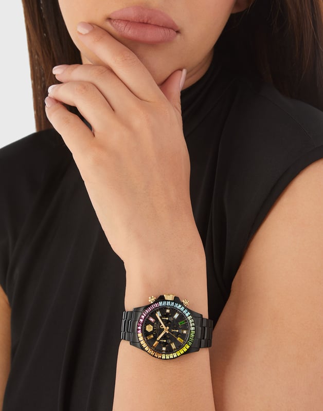 This Philipp Plein Nobile Lady Chronograph Watch for Women is the perfect timepiece to wear or to gift. It's Black 38 mm Round case combined with the comfortable Black Stainless steel watch band will ensure you enjoy this stunning timepiece without any compromise. Operated by a high quality Quartz movement and water resistant to 5 bars, your watch will keep ticking.
