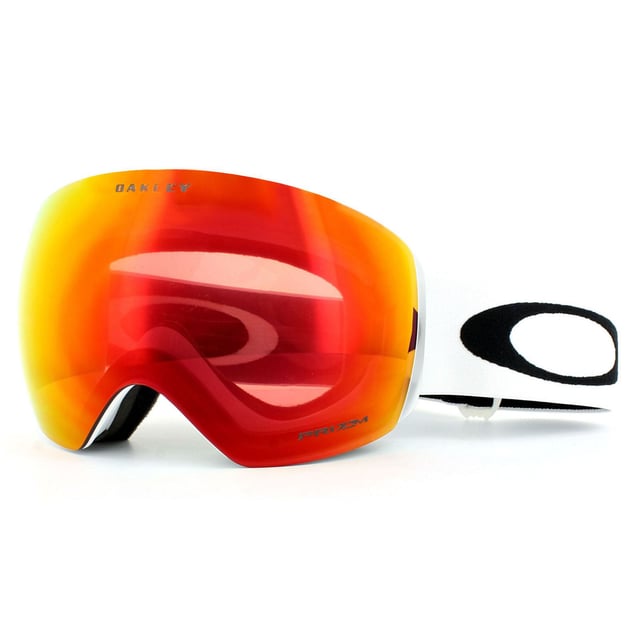 Oakley Ski Goggles Flight Deck OO7050-35 Matt White Prizm Torch Iridium are the latest innovation in ski goggles from Oakley with a large rimless lens design which gives an unbelievably good view in all directions. They feature a ridgelock lens sub-frame attachment to allow lenses to be changed quickly and easily and small frame notches under the strap anchors allow space for normal glasses. Support is given for better airflow and the sleek frame and outrigger design is comfortable and helmet compatible.